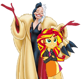 Size: 276x265 | Tagged: safe, anonymous artist, derpibooru import, sunset shimmer, human, equestria girls, 101 dalmatians, antagonist, clothes, cruella de vil, disney, dress, g4, image, jacket, legs, old art, png, shirt, simple background, skirt, sleeveless, sleeveless dress, vest, villainess, villainesses, white background