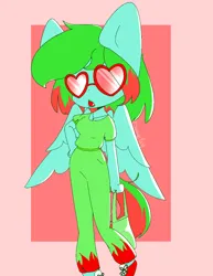 Size: 996x1290 | Tagged: safe, anonymous artist, derpibooru import, oc, oc:precised note, anthro, pegasus, pony, anthro oc, bag, breasts, candy, clothes, food, glasses, hand on hip, heart shaped glasses, image, jewelry, lollipop, necklace, pants, png, pose, shirt, shoes, tail, two toned mane, two toned tail, watermark, wings