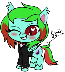 Size: 2000x2222 | Tagged: safe, artist:magnusmagnum, derpibooru import, oc, oc:precised note, pony, undead, vampire, vampony, my little pony: pony life, alternate cutie mark, blushing, bottomless, bowtie, clothes, cutie mark, ear fluff, eyelashes, fangs, grin, heart, heart eyes, image, music notes, one eye closed, partial nudity, png, pony life accurate, show accurate, simple background, slit pupils, smiling, species swap, tail, transparent background, tuxedo, two toned mane, two toned tail, unshorn fetlocks, wingding eyes, wings