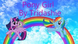 Size: 1280x720 | Tagged: safe, artist:aaliyah_rosado, artist:tridashie, artist:user15432, derpibooru import, rainbow dash, spike, twilight sparkle, twilight sparkle (alicorn), alicorn, dragon, pegasus, pony, pony girl, barbie girl, blue sky, cloud, flying, g4, image, jpeg, looking at each other, rainbow, riding a pony, spike riding twilight, sun