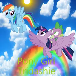 Size: 900x900 | Tagged: safe, artist:aaliyah_rosado, artist:tridashie, artist:user15432, derpibooru import, rainbow dash, spike, twilight sparkle, twilight sparkle (alicorn), alicorn, dragon, pegasus, pony, pony girl, album, album cover, barbie girl, blue sky, cloud, flying, g4, image, jpeg, looking at each other, rainbow, riding a pony, spike riding twilight, sun