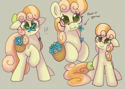 Size: 2800x2000 | Tagged: safe, artist:puppie, derpibooru import, junebug, oc, oc:buttermuffin, unofficial characters only, butterfly, earth pony, insect, pony, blushing, bow, butterfly on nose, cute, eye clipping through hair, eyebrows, eyebrows visible through hair, flower, hair bow, image, insect on nose, mouth hold, png, simple background, sitting, solo, tail, tail bow, wholesome, wingding eyes