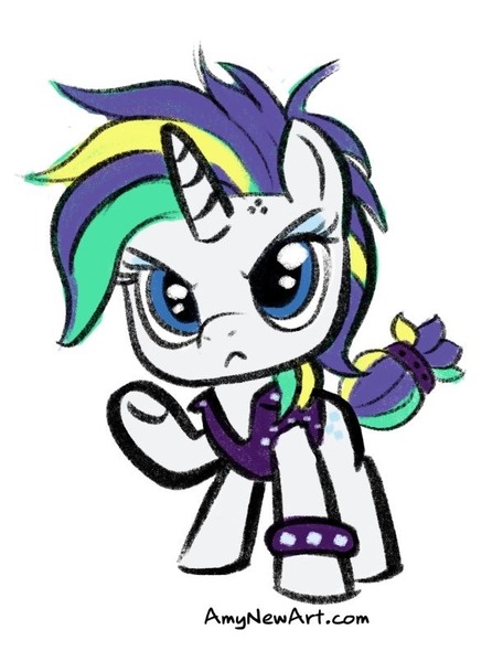 Size: 612x806 | Tagged: safe, artist:amynewblue, derpibooru import, rarity, pony, unicorn, alternate hairstyle, bracelet, chibi, clothes, female, image, jpeg, leather, leather vest, mare, punk, raised hoof, raripunk, simple background, solo, spiked wristband, vest, white background, wristband