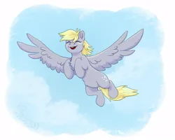 Size: 1000x800 | Tagged: safe, artist:kiwasha21, derpibooru import, derpy hooves, pegasus, pony, cute, derpabetes, eyes closed, female, flying, image, jpeg, mare, open mouth, open smile, sky, smiling, solo, spread wings, wings