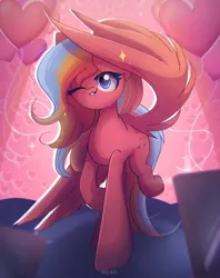 Size: 2100x2650 | Tagged: safe, artist:miryelis, derpibooru import, oc, oc:gaffy, unofficial characters only, pegasus, pony, cute, female, full body, heart, image, long hair, mare, one eye closed, png, smiling, solo, spread wings, wings