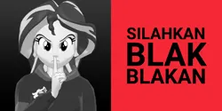 Size: 1200x600 | Tagged: safe, artist:ardoplasma41, derpibooru import, sunset shimmer, equestria girls, 3d, angry, black and white, clothes, grayscale, hoodie, image, indonesia, indonesian, looking at you, mmd, monochrome, parody, png, red background, roboto, shut up, simple background, split screen, text, two sides