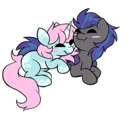 Size: 512x512 | Tagged: safe, artist:_candypone_, derpibooru import, oc, oc:helios aster, oc:scoops, unofficial characters only, bat pony, unicorn, cuddling, cute, cute little fangs, fangs, image, png