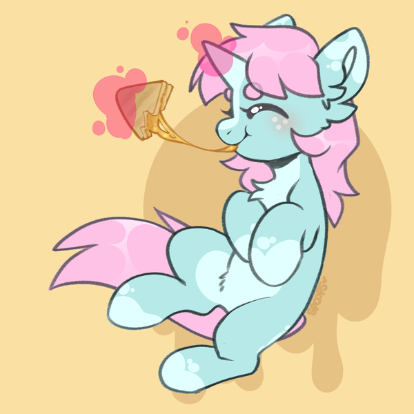 Size: 2500x2500 | Tagged: safe, artist:spoopygander, derpibooru import, oc, oc:scoops, pony, unicorn, blushing, cheese, cute, eating, food, grilled cheese, happy, image, png, smiling, solo