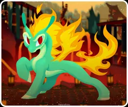 Size: 2048x1714 | Tagged: safe, artist:papayaruka, derpibooru import, dragon, hybrid, longma, them's fightin' herds, community related, concave belly, fiery wings, huoshan, image, jpeg, mane of fire, solo, tail, tail of fire, tianhuo (tfh), wings