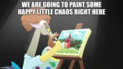 Size: 888x499 | Tagged: safe, derpibooru import, edit, edited screencap, screencap, discord, what about discord?, bob ross, caption, draconiross, easel, g4, image, image macro, imgflip, jpeg, painting, solo, text