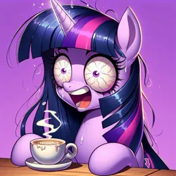 Size: 1024x1024 | Tagged: safe, ai content, derpibooru import, machine learning generated, twilight sparkle, bloodshot eyes, coffee, crazy face, faic, generator:dall-e 3, image, jpeg, solo focus