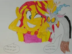 Size: 4096x3072 | Tagged: safe, anonymous artist, derpibooru import, discord, sunset shimmer, draconequus, human, equestria girls, armpit tickling, armpits, arms in the air, beautiful, beautisexy, big grin, big smile, clothes, colored, cute, evil grin, fun, funny, g4, grin, hilarious, image, jpeg, personal space invasion, pretty, raised arm, raised arms, sexy, shirt, sleeveless, sleeveless shirt, sleeveless tank top, smiling, speech bubble, tanktop, tickling, traditional art