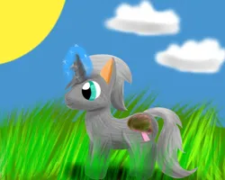 Size: 1000x800 | Tagged: safe, artist:sexybigears69, derpibooru import, oc, oc:kintaro, ponified, unofficial characters only, pony, unicorn, cloud, grass, horn, image, lineless, male, outdoors, png, ponified oc, smiling, solo, stallion, sun, tail, unicorn oc