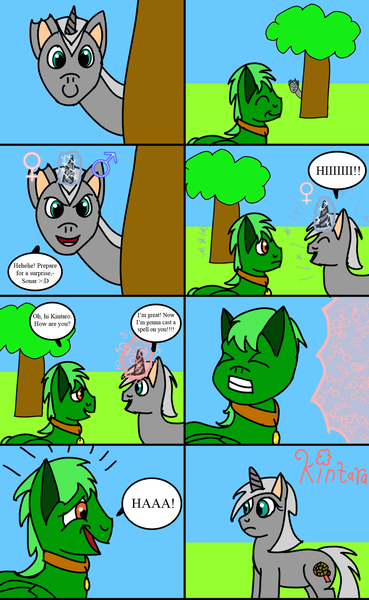 Size: 1280x2084 | Tagged: safe, artist:sexybigears69, derpibooru import, oc, oc:kintaro, oc:sonar, unofficial characters only, pegasus, pony, unicorn, 8 panel comic, collar, comic, dialogue, eyes closed, female, frown, glow, glowing horn, gritted teeth, hiding, horn, image, looking at each other, looking at someone, magic, magic aura, male, mare, open mouth, open smile, outdoors, pegasus oc, png, rule 63, signature, smiling, speech bubble, spell gone wrong, stallion, teeth, transformation, transgender transformation, tree, unicorn oc, wings
