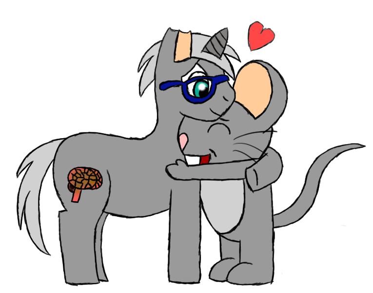 Size: 813x638 | Tagged: safe, artist:sexybigears69, derpibooru import, oc, oc:kintaro, mouse, pony, semi-anthro, unicorn, bucktooth, crossover, duo, duo male, eyes closed, floating heart, furry, furry oc, glasses, happy tree friends, heart, horn, hug, image, male, non-mlp oc, open mouth, open smile, png, self paradox, simple background, smiling, tail, unicorn oc, whiskers, white background