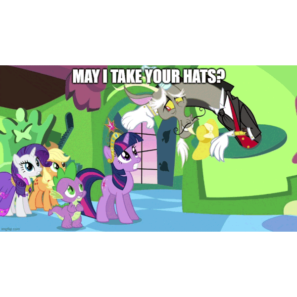 Size: 960x960 | Tagged: safe, edit, edited screencap, editor:undeadponysoldier, ponerpics import, ponybooru import, screencap, discord, rarity, spike, twilight sparkle, twilight sparkle (alicorn), alicorn, draconequus, dragon, earth pony, pony, unicorn, keep calm and flutter on, no second prances, angry, big crown thingy, element of magic, female, gif, image, jewelry, male, mare, meme, never touch the hat, regalia
