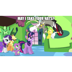 Size: 960x960 | Tagged: safe, edit, edited screencap, editor:undeadponysoldier, ponerpics import, ponybooru import, screencap, discord, rarity, spike, twilight sparkle, twilight sparkle (alicorn), alicorn, draconequus, dragon, earth pony, pony, unicorn, keep calm and flutter on, no second prances, angry, big crown thingy, element of magic, female, gif, image, jewelry, male, mare, meme, never touch the hat, regalia