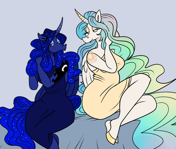 Size: 1280x1083 | Tagged: safe, artist:beastofeuthanasia, derpibooru import, princess celestia, princess luna, alicorn, anthro, unguligrade anthro, alternative cutie mark placement, clothes, dress, duo, duo female, female, image, lidded eyes, light blue background, long hair, looking at each other, looking at someone, png, royal sisters, shoulder cutie mark, siblings, simple background, sisters