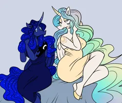 Size: 1280x1083 | Tagged: safe, artist:beastofeuthanasia, derpibooru import, princess celestia, princess luna, alicorn, anthro, unguligrade anthro, alternative cutie mark placement, clothes, dress, duo, duo female, female, image, lidded eyes, light blue background, long hair, looking at each other, looking at someone, png, royal sisters, shoulder cutie mark, siblings, simple background, sisters