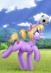 Size: 902x1280 | Tagged: safe, artist:scheadar, derpibooru import, oc, unofficial characters only, pony, unicorn, female, football, g4, grass, happy, image, jpeg, mare, open mouth, open smile, smiling, solo, sports