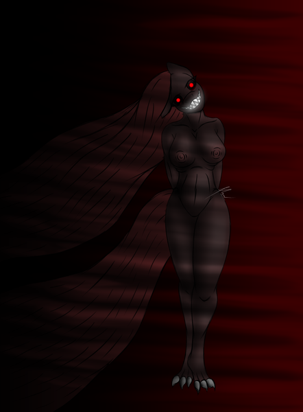 Size: 1400x1900 | Tagged: grimdark, questionable, artist:turnstylz, derpibooru import, pinkie pie, anthro, plantigrade anthro, fanfic:cupcakes, black sclera, breasts, claws, female, head tilt, image, looking at you, nipples, nudity, pinkamena diane pie, png, shadow, smiling, smiling at you, solo, zalgo