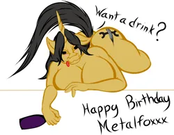 Size: 5400x4200 | Tagged: suggestive, artist:turnstylz, derpibooru import, oc, oc:amber steel, unofficial characters only, anthro, unicorn, absurd resolution, big breasts, bottle, breasts, drunk, female, happy birthday, image, looking at you, lying down, nudity, one ear down, png, prone, simple background, solo, solo female, tongue out, white background
