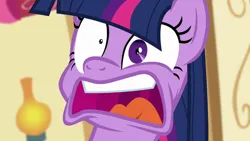 Size: 640x360 | Tagged: safe, derpibooru import, screencap, twilight sparkle, twilight sparkle (alicorn), alicorn, party pooped, season 5, blurry background, faic, freakout, g4, image, mismatched eyes, open mouth, panic attack, png, single shrunken iris, solo, teeth, twilight snapple, twilynanas, uvula