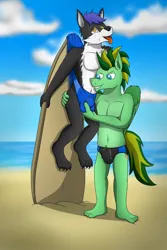 Size: 4000x6000 | Tagged: suggestive, artist:tacomytaco, derpibooru import, oc, oc:taco.m.tacoson, unofficial characters only, anthro, fox, pegasus, pony, beach, belly button, clothes, crotch bulge, gay, grope, hanging, hanging wedgie, image, male, males only, partial nudity, png, sand, speedo, squeezing, surfboard, swimsuit, tongue out, topless, wedgie