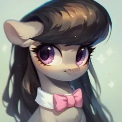 Size: 925x922 | Tagged: safe, ai content, derpibooru import, machine learning assisted, machine learning generated, stable diffusion, octavia melody, earth pony, pony, beautiful, big eyes, black hair, blushing, bow, cute, detailed hair, ear fluff, female, fluffy, g4, generator:purplesmart.ai, image, light, long hair, looking at you, png, prompter:saltyvity, purple eyes, simple background, smiley face, smiling, smiling at you, solo, sparkles