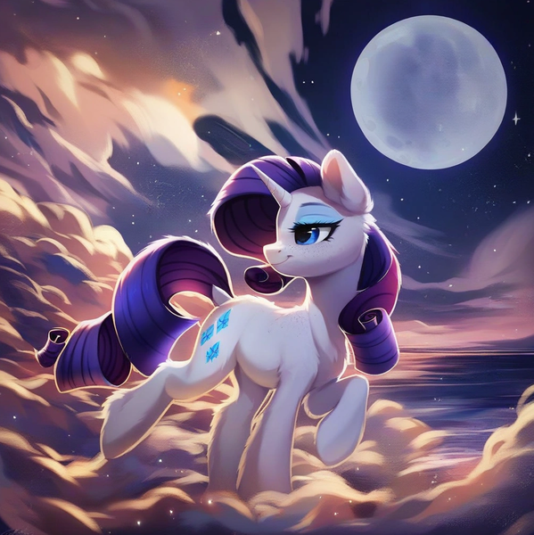 Size: 905x907 | Tagged: safe, ai content, derpibooru import, machine learning assisted, machine learning generated, stable diffusion, rarity, pony, unicorn, g4, beautiful, blue eyes, cute, ear fluff, eyeshadow, fantasy, fluffy, generator:purplesmart.ai, image, makeup, moon, night, night sky, ocean, png, prompter:saltyvity, purple hair, sky, smiley face, smiling, solo, wallpaper, water