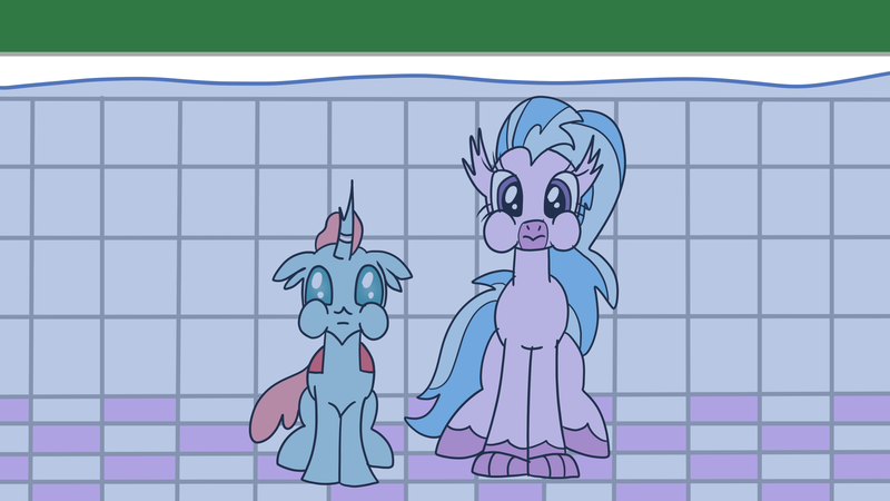 Size: 1920x1080 | Tagged: safe, artist:platinumdrop, derpibooru import, ocellus, silverstream, changedling, changeling, classical hippogriff, hippogriff, duo, duo female, female, holding breath, image, jewelry, missing accessory, png, puffy cheeks, request, ring, sitting, swimming pool, underwater, water