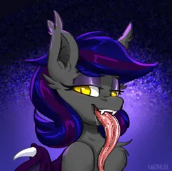 Size: 3500x3473 | Tagged: safe, artist:neoncel, derpibooru import, oc, oc:firestarter, unofficial characters only, bat pony, pony, bat pony oc, bat wings, chest fluff, drool, eyeshadow, fangs, image, long tongue, makeup, png, solo, tongue out, wings