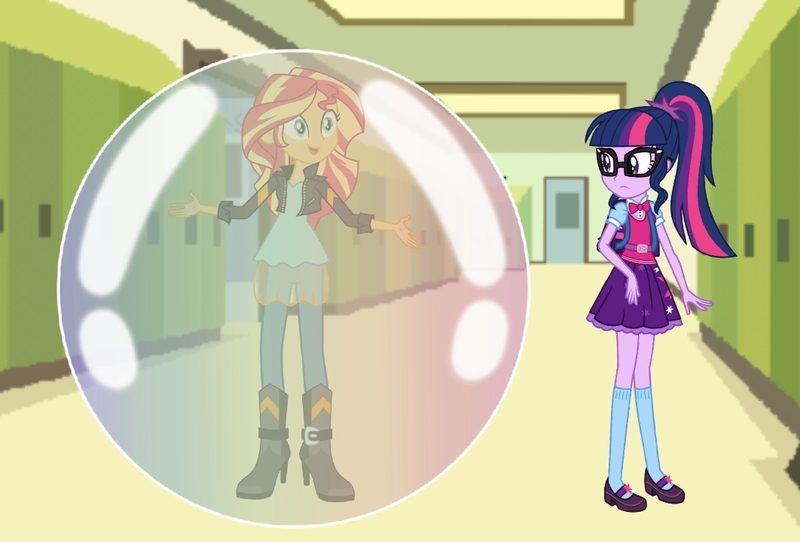 Size: 1062x720 | Tagged: safe, artist:carlosuriel13, derpibooru import, sci-twi, sunset shimmer, twilight sparkle, human, equestria girls, bubble, confused, cute, female, happy, image, in bubble, jpeg, shimmerbetes