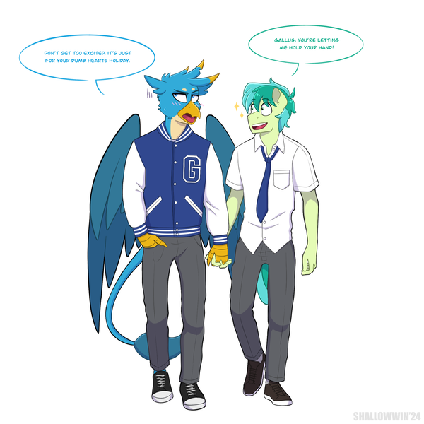 Size: 2048x2048 | Tagged: safe, artist:shallowwin, derpibooru import, gallus, sandbar, anthro, earth pony, gryphon, pony, blushing, canon ship, clothes, commission, dialogue, folded wings, gay, heart, holding hands, image, jacket, male, pants, png, school uniform, shoes, simple background, stallion, tail, uniform, white background, wings