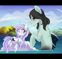 Size: 2744x2600 | Tagged: safe, artist:spookyle, derpibooru import, oc, oc:dreamy skies, oc:jellan, bat pony, hybrid, merpony, pony, seapony (g4), siren, blushing, dorsal fin, female, fin, image, looking at each other, looking at someone, male, mare, ocean, png, scales, shipping, smiling, smiling at each other, swimming, water