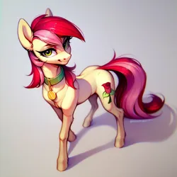 Size: 1024x1024 | Tagged: safe, ai content, derpibooru import, machine learning generated, prompter:doom9454, stable diffusion, roseluck, pony, collar, cute, generator:pony diffusion v6 xl, image, looking at you, pet tag, png, pony pet, rosepet, standing