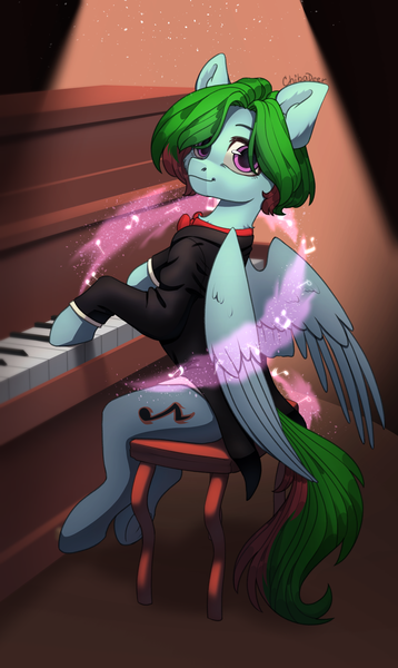 Size: 1788x3000 | Tagged: safe, artist:chibadeer, derpibooru import, oc, oc:precised note, unofficial characters only, pegasus, pony, bowtie, chair, clothes, cutie mark, frog (hoof), image, looking at you, looking over shoulder, music notes, musical instrument, particles, pedal, piano, png, sitting, smiling, smiling at you, solo, spotlight, tail, tailcoat, tuxedo, two toned mane, two toned tail, underhoof, watermark, wings