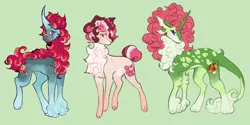Size: 4000x2000 | Tagged: safe, artist:ghostunes, derpibooru import, oc, oc:candy apple rings, oc:cherry apple blossom, oc:scarlet apple frost, unofficial characters only, earth pony, pony, unicorn, alternate design, alternate timeline, alternate universe, blaze (coat marking), chest fluff, coat markings, curly hair, curly mane, curved horn, earth pony oc, facial markings, glasses, hoof fluff, horn, image, leonine tail, magical lesbian spawn, multicolored hair, multicolored mane, multiple ears, next generation, offspring, parent:applejack, parent:rarity, parents:rarijack, paws, png, pony oc, raised hoof, raised leg, socks (coat marking), spots, tail, trio, unicorn oc
