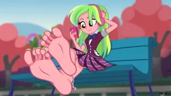 Size: 7680x4335 | Tagged: suggestive, artist:nok_2, derpibooru import, lemon zest, equestria girls, equestria girls series, anklet, barefoot, bench, clothes, commission, crystal prep academy uniform, feet, female, fetish, foot fetish, g4, headphones, image, jewelry, nail polish, outdoors, phone, png, school uniform, show accurate, soles, solo, solo female, solo focus, toenail polish, toes, uniform, vector, ych result