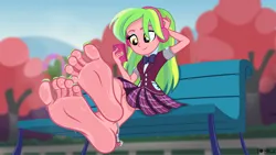 Size: 7680x4335 | Tagged: suggestive, alternate version, artist:nok_2, derpibooru import, lemon zest, equestria girls, equestria girls series, anklet, barefoot, bench, clothes, commission, crystal prep academy uniform, feet, female, fetish, foot fetish, g4, headphones, image, jewelry, nail polish, outdoors, phone, png, school uniform, show accurate, soles, solo, solo female, solo focus, sweat, sweaty feet, toenail polish, toes, uniform, vector, ych result