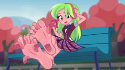 Size: 7680x4335 | Tagged: suggestive, alternate version, artist:nok_2, derpibooru import, lemon zest, equestria girls, equestria girls series, anklet, barefoot, bench, clothes, commission, crystal prep academy uniform, disembodied tongue, feet, female, fetish, foot fetish, foot worship, g4, headphones, image, jewelry, licking, licking foot, looking at you, nail polish, outdoors, phone, png, school uniform, show accurate, soles, solo, solo female, solo focus, sweat, sweaty feet, toenail polish, toes, tongue out, uniform, vector, ych result