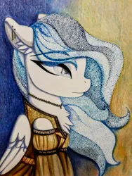 Size: 3096x4128 | Tagged: safe, artist:andaluce, derpibooru import, oc, oc:haze northfleet, pegasus, pony, bust, chest fluff, clothes, dress, ear fluff, female, image, jpeg, mare, pencil drawing, portrait, profile, solo, stippling, traditional art