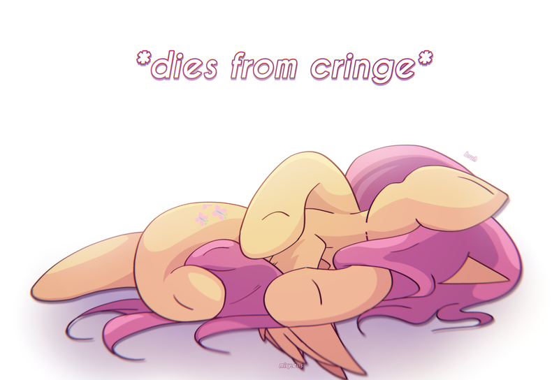 Size: 2500x1700 | Tagged: safe, artist:miryelis, derpibooru import, fluttershy, pegasus, pony, big ears, cringing, family guy death pose, female, image, long hair, lying down, mare, meme, png, simple background, solo, text, white background