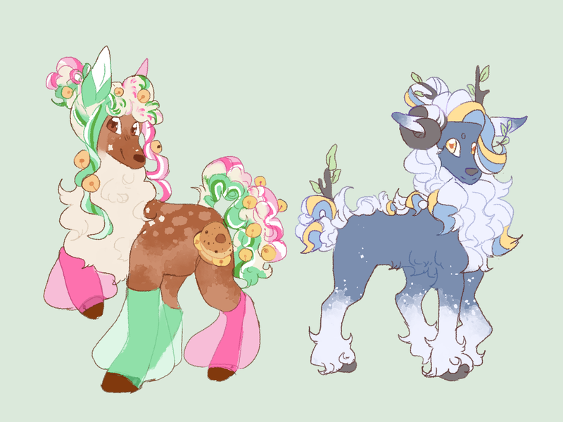 Size: 2000x1500 | Tagged: safe, artist:ghostunes, derpibooru import, oc, oc:clementine frost, oc:daily bagel, unofficial characters only, deer, deer pony, earth pony, hybrid, original species, pony, antlers, bells, blaze (coat marking), bust, chest fluff, clothes, coat markings, curls, curly hair, curly mane, earth pony oc, facial markings, green background, hair bun, happy, hoof fluff, horns, hybrid oc, image, leaf, leaves, leaves in hair, looking at you, multicolored hair, multicolored mane, parent:oc:berry coin, parent:oc:tea tree, plants, png, raised hoof, raised leg, ram horns, simple background, smiling, smiling at you, socks, socks (coat marking), spots