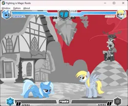 Size: 595x493 | Tagged: safe, artist:fimroots, derpibooru import, derpy hooves, discord, trixie, fighting is magic, chaos, crouching, discorded landscape, fan game, floating island, flying, g4, game screencap, image, png, ponyville, stage