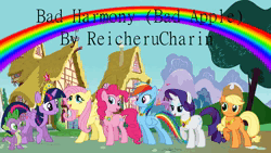 Size: 1280x720 | Tagged: safe, artist:reicherucharin, artist:user15432, derpibooru import, applejack, fluttershy, pinkie pie, rainbow dash, rarity, spike, twilight sparkle, twilight sparkle (alicorn), alicorn, dragon, earth pony, pegasus, pony, unicorn, animated, bad apple, bad apple (song), big crown thingy, crown, element of generosity, element of honesty, element of kindness, element of laughter, element of loyalty, element of magic, elements of harmony, flag, house, image, jewelry, link in description, mane six, mountain, music, necklace, ponyville, rainbow, regalia, smiling, sound only, tent, tree, webm, youtube link