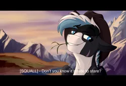 Size: 2287x1559 | Tagged: safe, artist:rutkotka, derpibooru import, oc, oc:squall windfeather, unofficial characters only, pegasus, pony, blue eyes, cowboy hat, hat, high res, image, jpeg, looking at you, looking back, looking back at you, mountain, mountain range, pegasus oc, smug, subtitles, wings