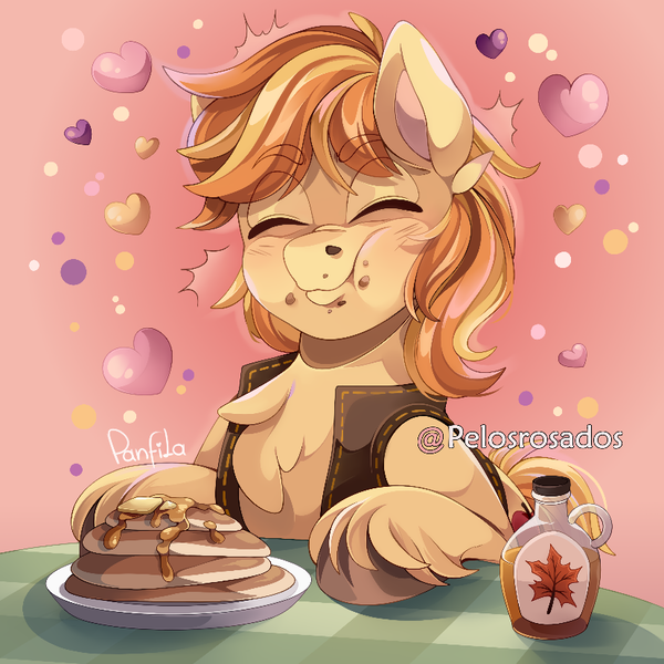 Size: 828x828 | Tagged: safe, artist:pelosrosados, derpibooru import, braeburn, earth pony, pony, braebetes, breakfast, commission, cute, eating, food, heart, image, male, maple syrup, pancakes, png, solo, stallion, ych result, your character here