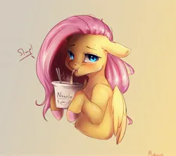 Size: 3195x2823 | Tagged: safe, artist:miokomata, derpibooru import, fluttershy, pegasus, pony, blushing, bust, cup noodles, cute, eating, female, floppy ears, food, freckles, freckleshy, gradient background, hoof hold, image, jpeg, mare, noodles, shyabetes, signature, slurp, solo