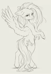 Size: 2034x2925 | Tagged: safe, artist:miokomata, derpibooru import, fluttershy, pegasus, pony, angry, bipedal, butt, female, floppy ears, flutterbutt, freckles, freckleshy, frown, grayscale, image, jpeg, looking at you, looking back, looking back at you, mare, monochrome, plot, scowl, simple background, solo, spread wings, white background, wings